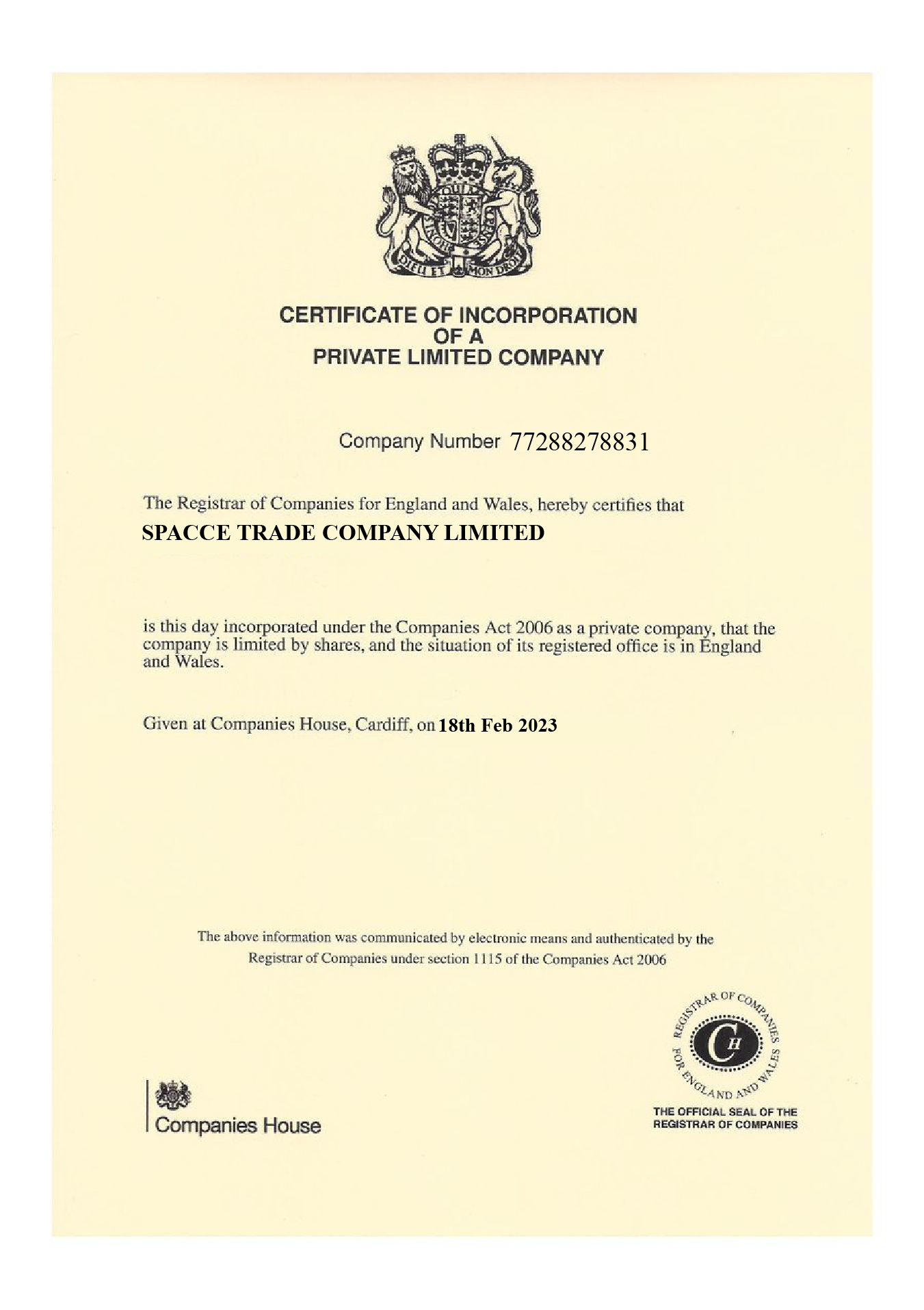 Companies House Certificate